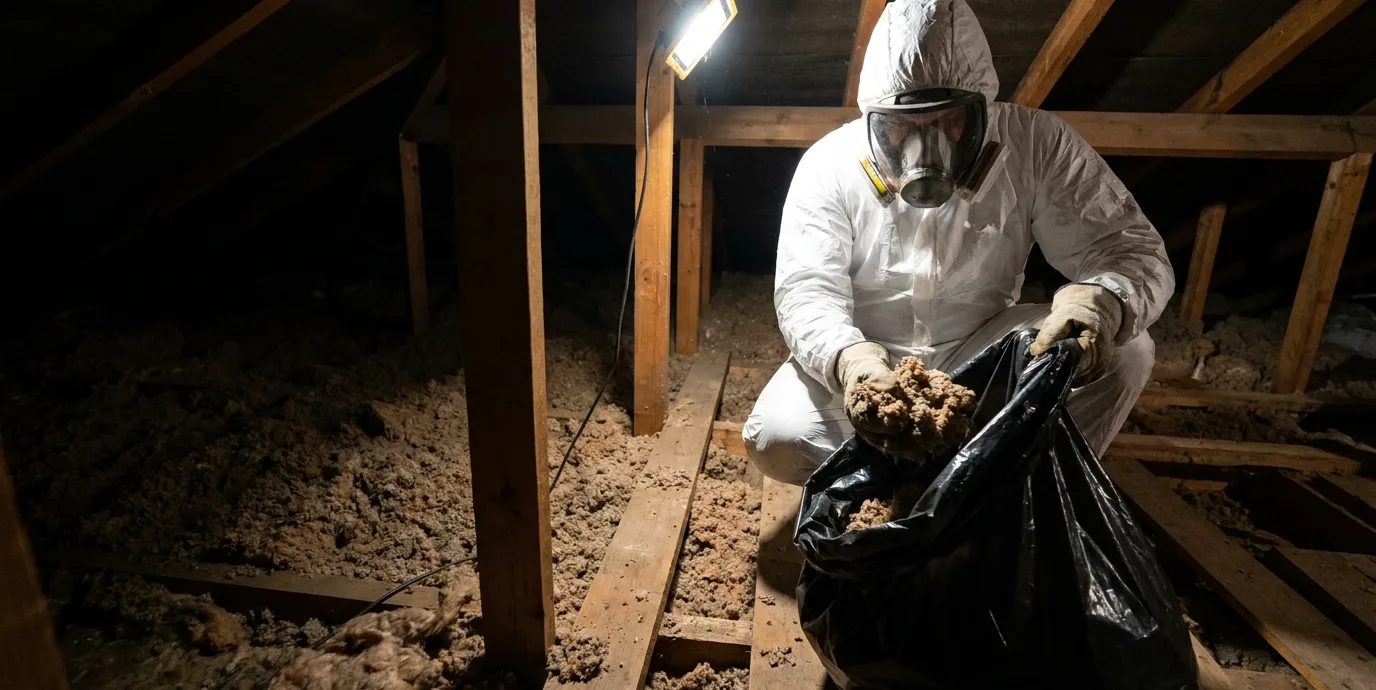 Technician in protective equipment removing urine-soiled blown insulation from a roof void