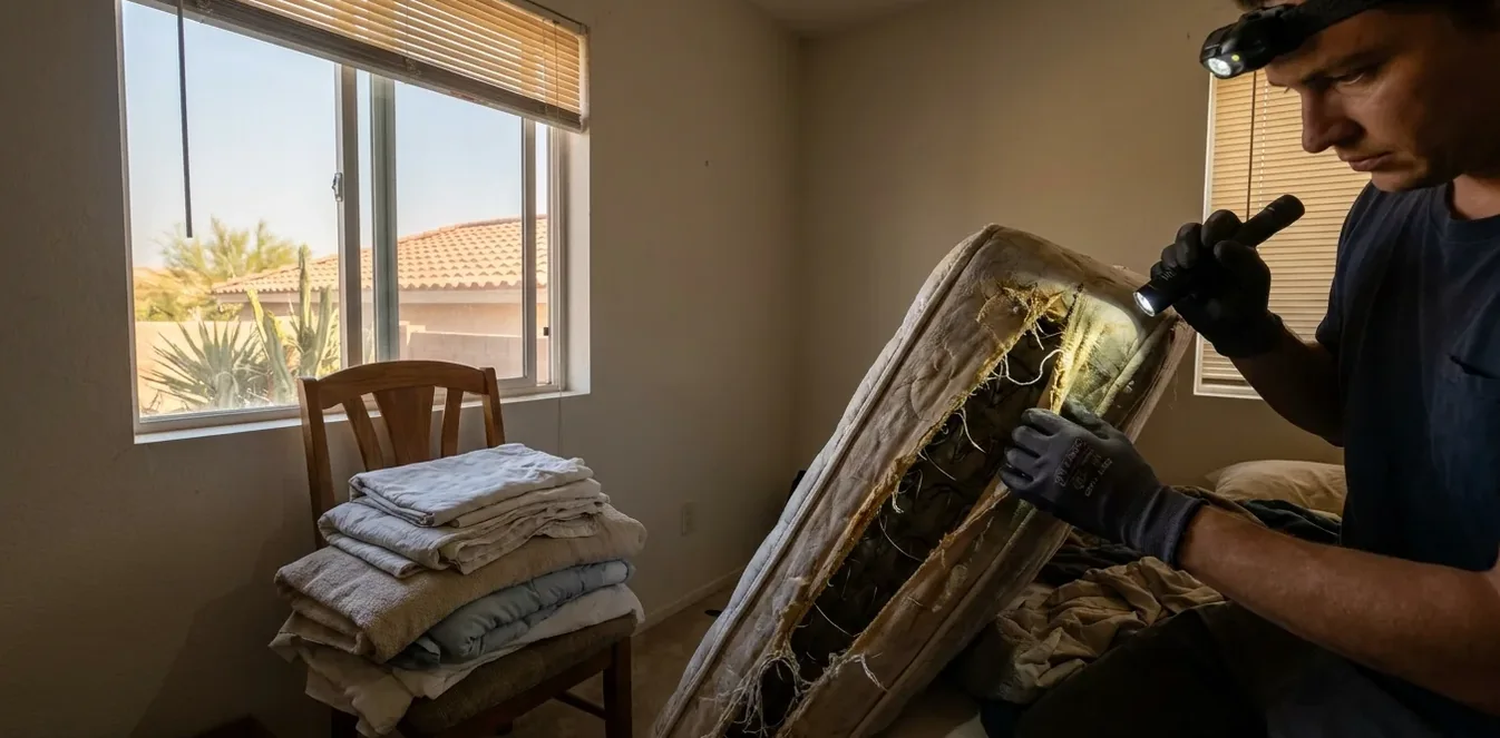 Technician tilting a mattress away from the box spring to check the piping for bed bugs in a lit bedroom