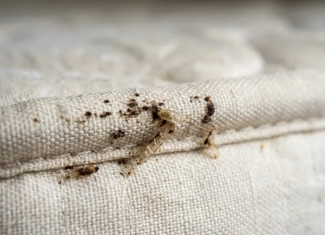 Close-up of a mattress seam showing the spotting left by a bed bug infestation Close-up of a mattress seam showing the spotting left by a bed bug infestation