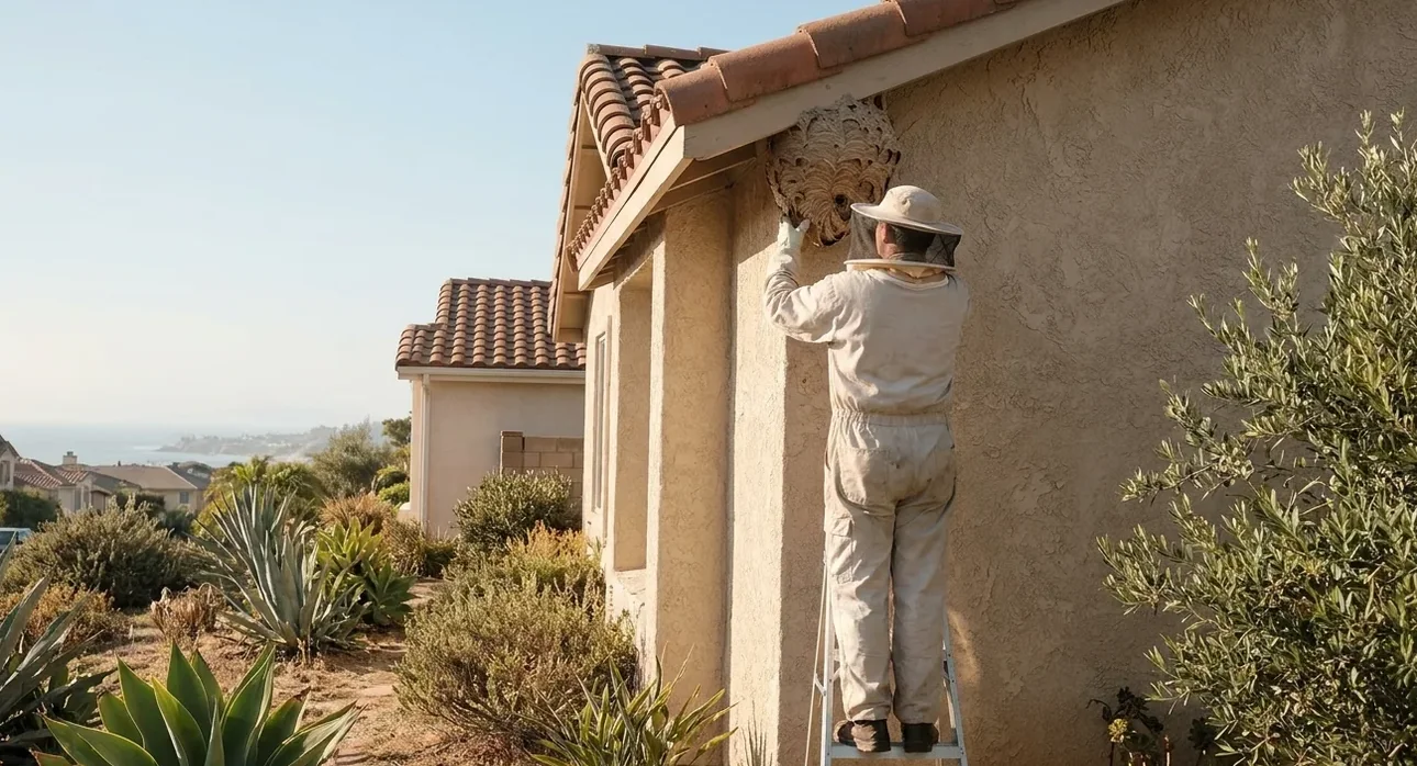 Technician in a full protective suit reaching into a roof eave to take down a wasp nest