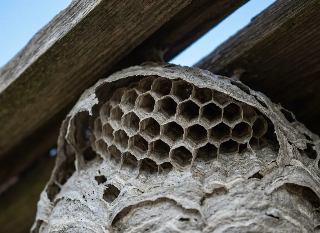 Exposed cells of a paper wasp nest built under a roof eave Exposed cells of a paper wasp nest built under a roof eave