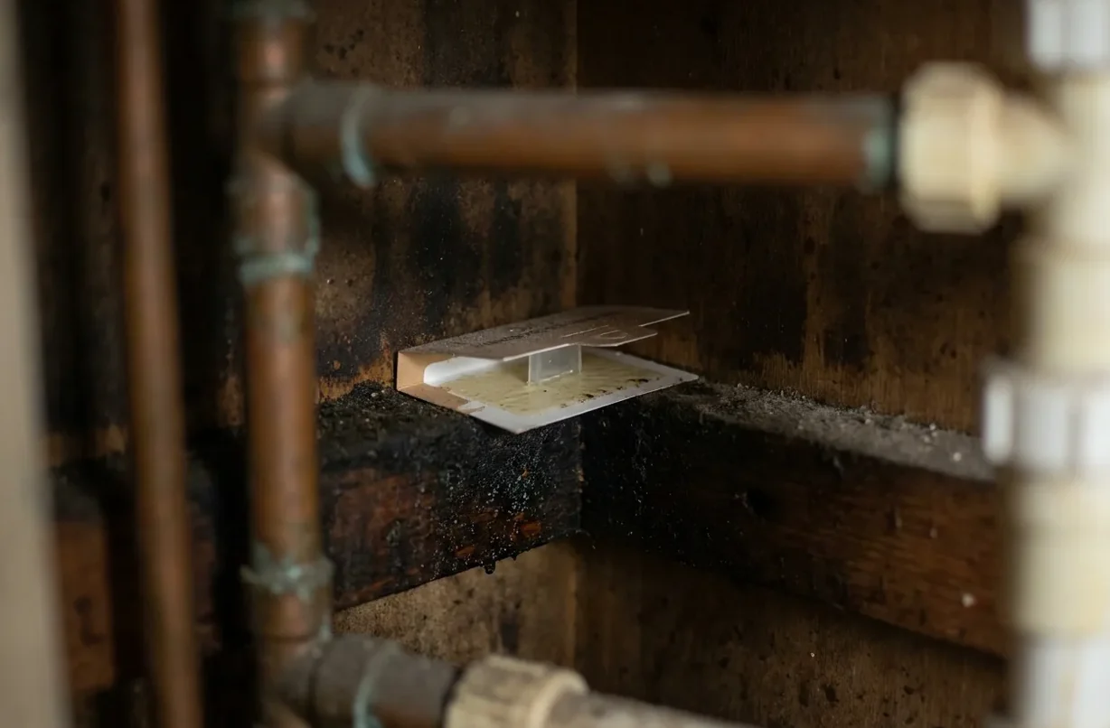 Dark plumbing void behind a kitchen cabinet where cockroaches shelter against the warm pipework