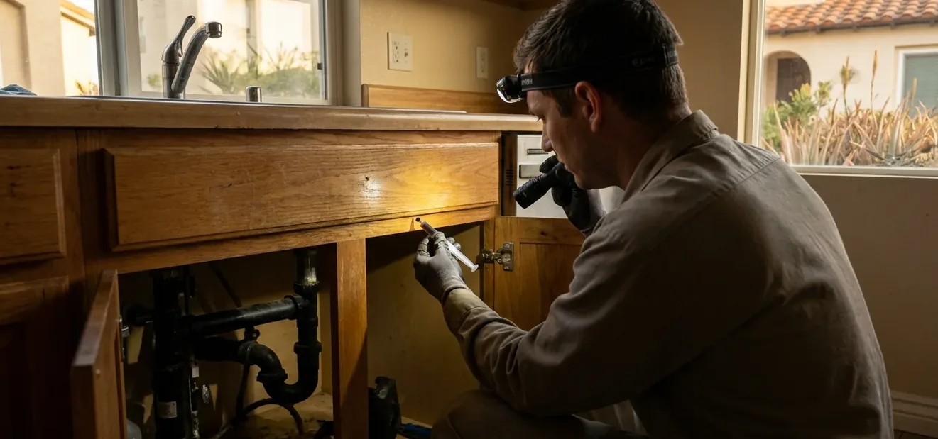 Technician kneeling with a torch to bait the hinge line inside an under-sink cabinet for cockroaches