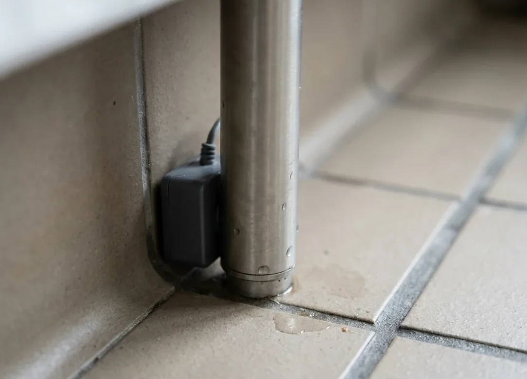 Low-profile monitoring station tucked under a stainless steel shelf in a commercial kitchen Low-profile monitoring station tucked under a stainless steel shelf in a commercial kitchen
