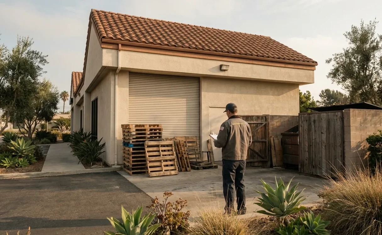 Technician checking the dumpster enclosure and delivery bay behind a commercial building