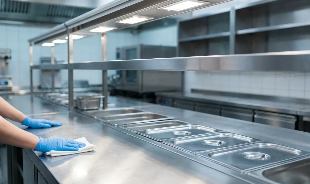 Stainless steel commercial kitchen prep line kept clear and pest-free Stainless steel commercial kitchen prep line kept clear and pest-free