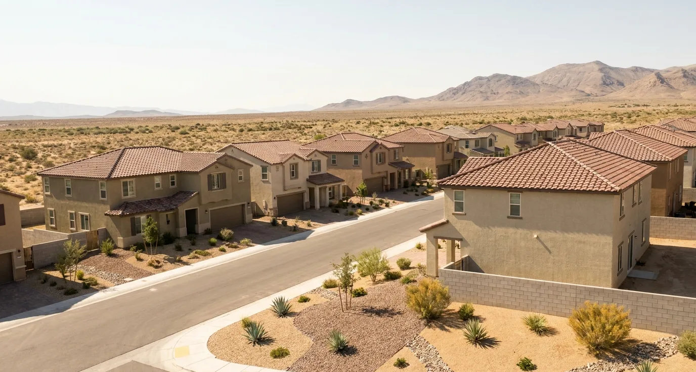 New stucco and tile-roof housing backing onto open desert in Enterprise, Nevada