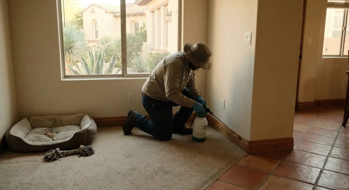 Technician treating the carpet edge beside a pet bed during a flea service call