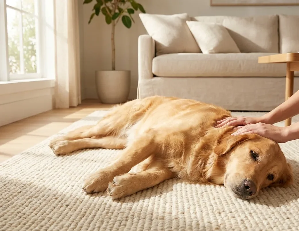 Golden retriever asleep on a rug in window light after a flea treatment Golden retriever asleep on a rug in window light after a flea treatment