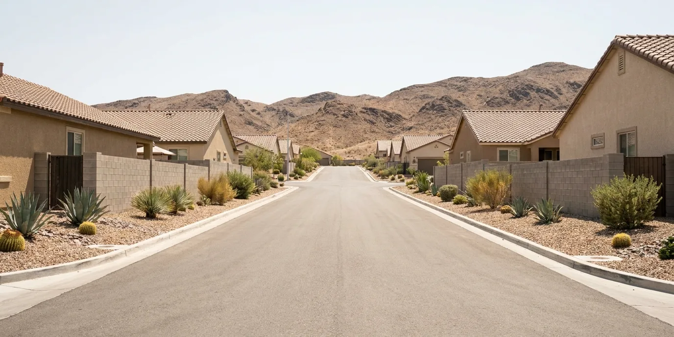 Street of stucco homes with tile roofs and gravel front yards in Henderson, Nevada