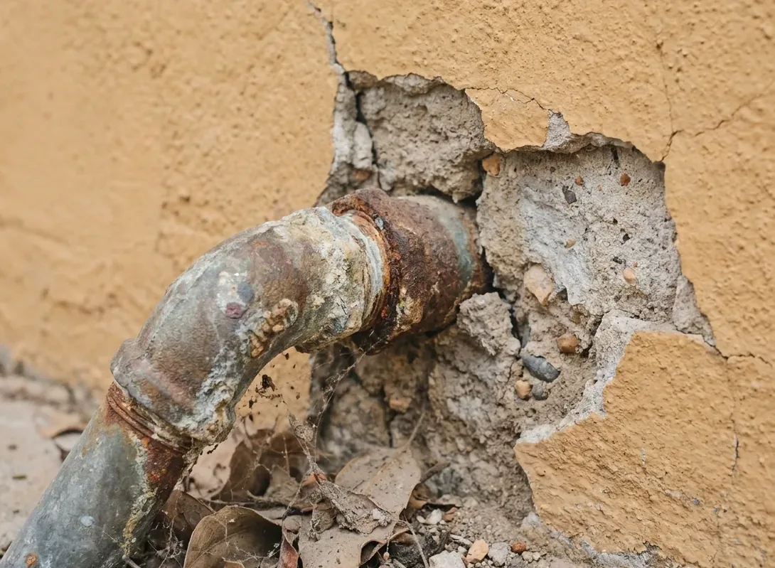 Crumbling mortar around a utility pipe where it passes through a stucco wall, an open route indoors Crumbling mortar around a utility pipe where it passes through a stucco wall, an open route indoors