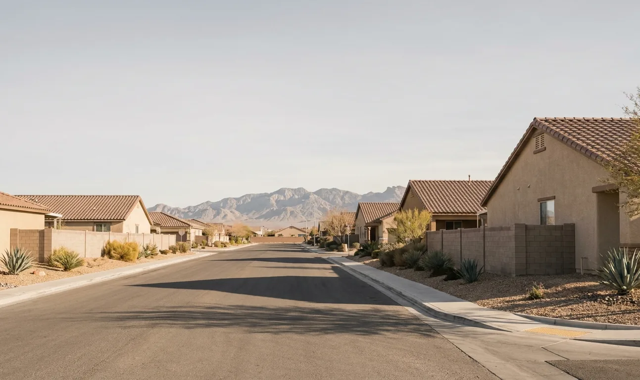Stucco homes with tile roofs and desert landscaping on a Las Vegas valley street in late afternoon light