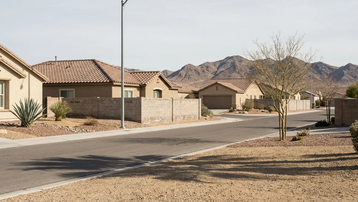 Quiet Las Vegas residential street of single-storey stucco homes with gravel yards and block walls Quiet Las Vegas residential street of single-storey stucco homes with gravel yards and block walls