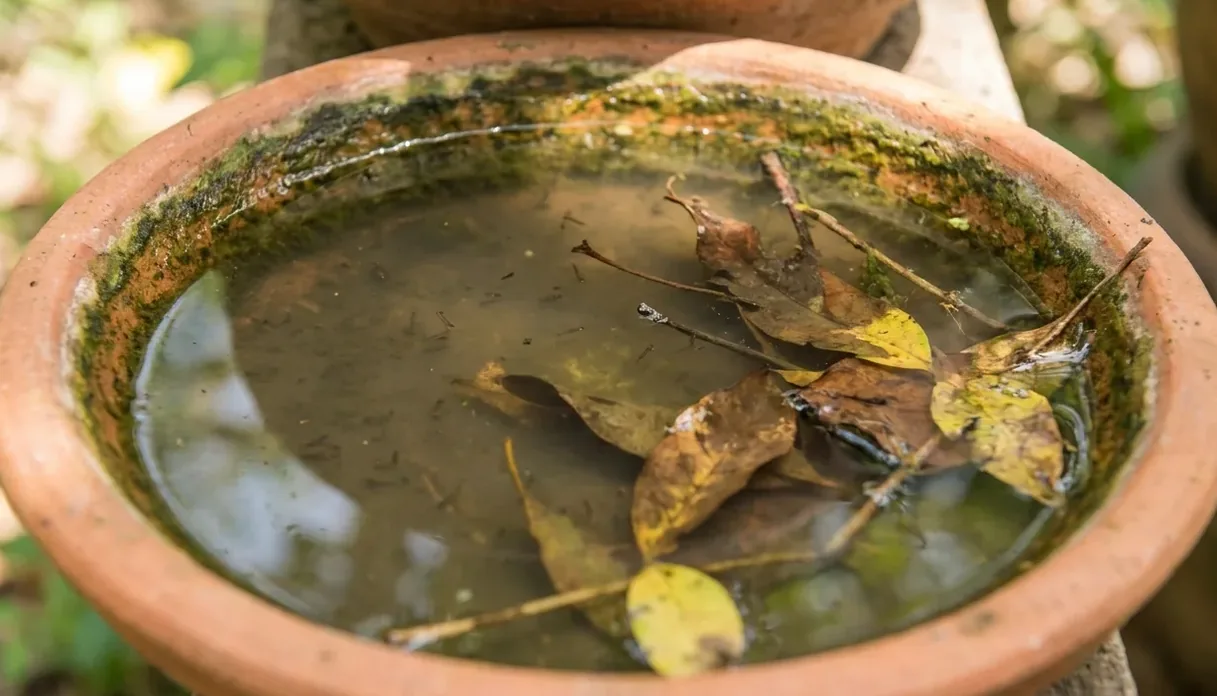 Rainwater and fallen leaves collected in a terracotta pot saucer, a textbook mosquito breeding site