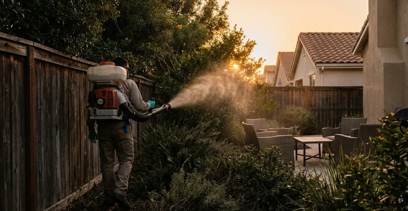Technician using a backpack mister on shaded planting along a back boundary wall at dusk