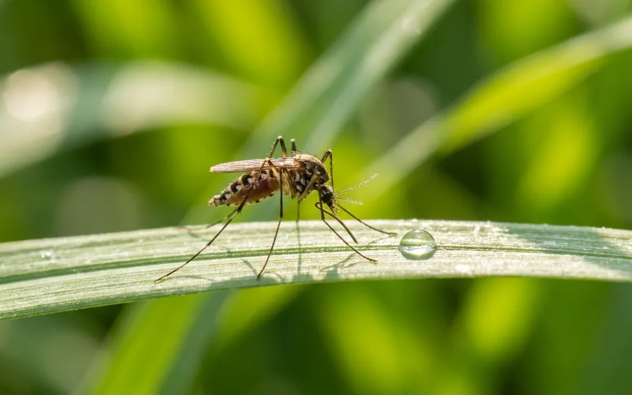 Mosquito gripping a green blade of grass Mosquito gripping a green blade of grass