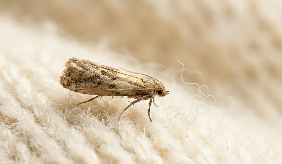 Clothes moth at rest on the surface of a cream wool sweater Clothes moth at rest on the surface of a cream wool sweater