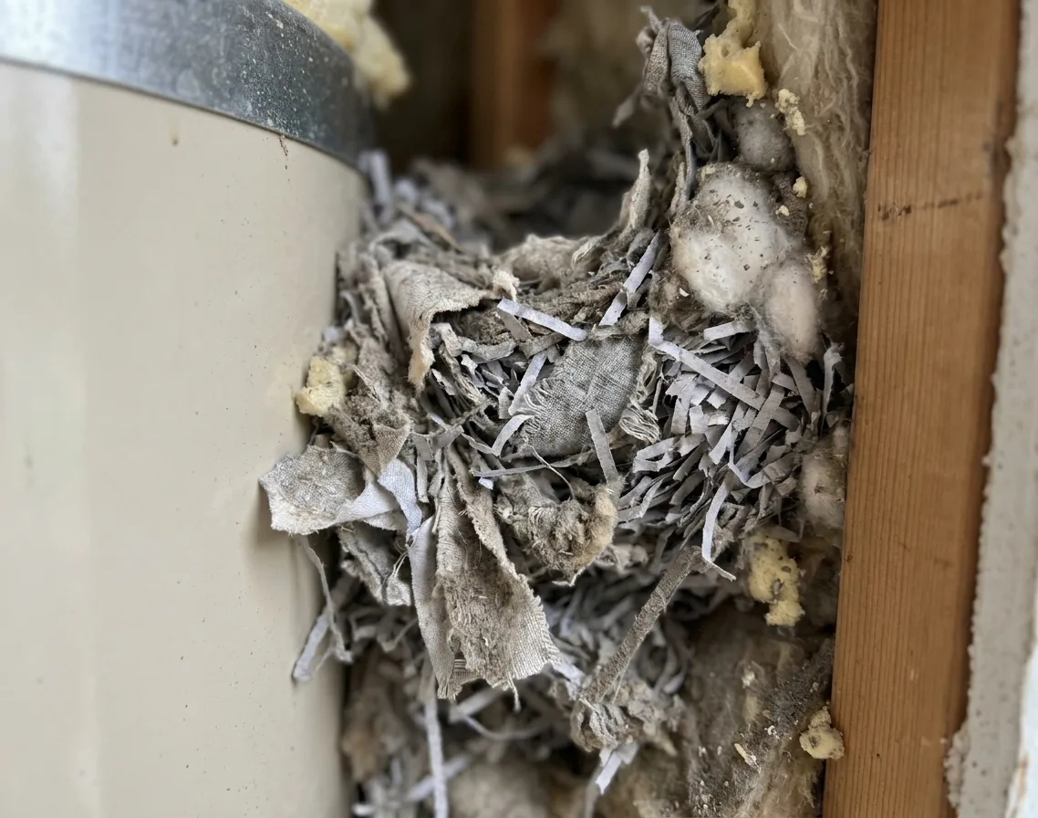 Nesting material packed into the void behind a kitchen appliance