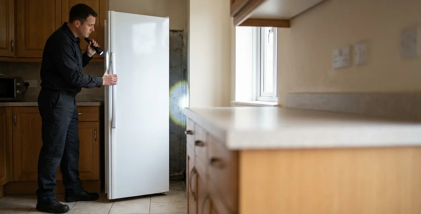 Technician pulling a kitchen appliance forward to reach the wall cavity behind it during a mouse inspection