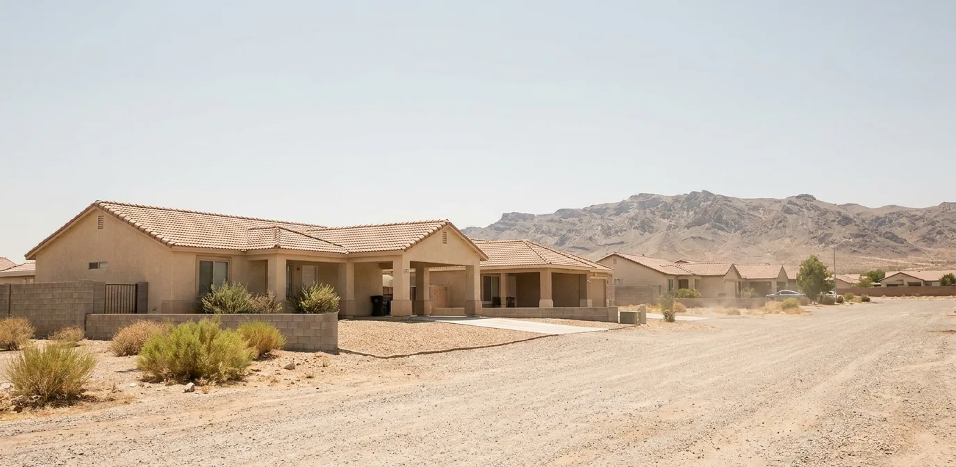 Block of low stucco houses and wide gravel verges in North Las Vegas, Nevada