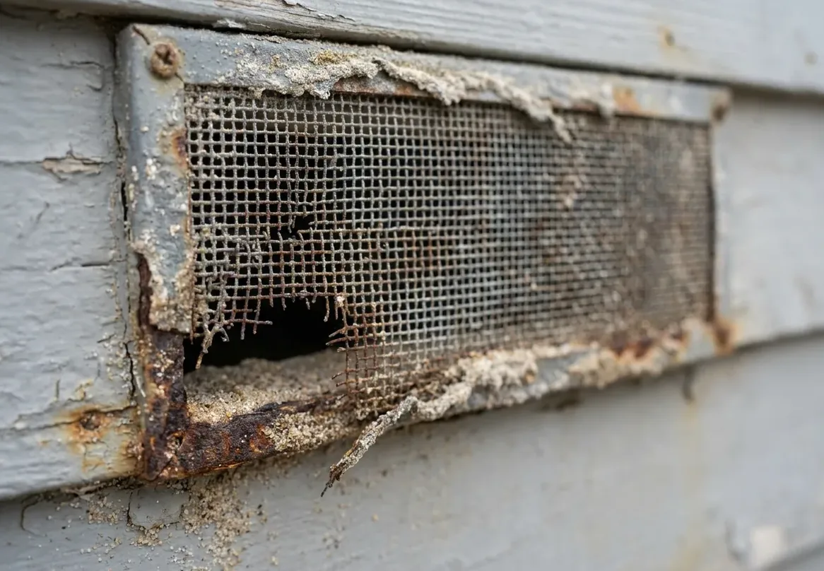 Corroded and torn crawlspace vent screen hanging away from its frame Corroded and torn crawlspace vent screen hanging away from its frame