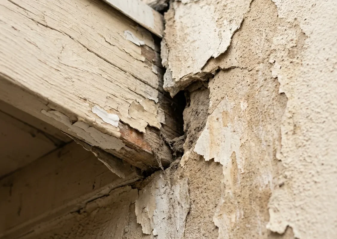 Split opened along a stucco wall where it meets the eave, wide enough for a mouse