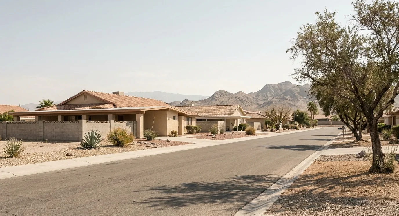 Mid-century single-storey homes on a wide street in Paradise, Nevada