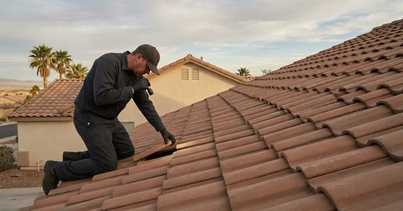 Technician on a flat roof lifting a tile at the fascia line to check a roof rat entry point