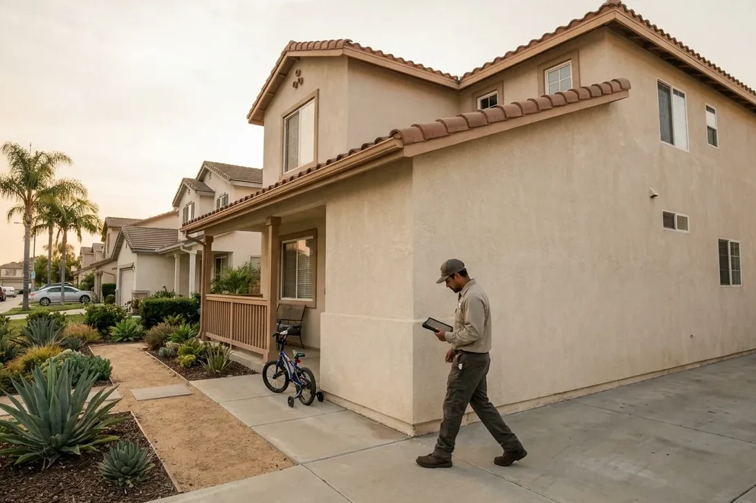 Technician walking the perimeter of a single-storey family home with a service tablet in hand