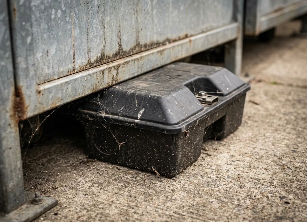 Locked tamper-resistant bait station anchored against an exterior wall