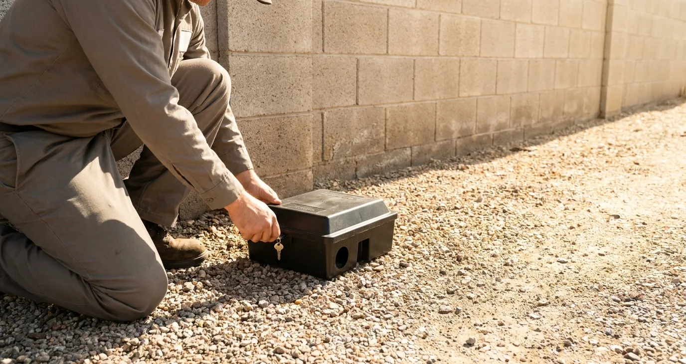 Technician unlocking a tamper-resistant exterior bait station anchored against a block wall