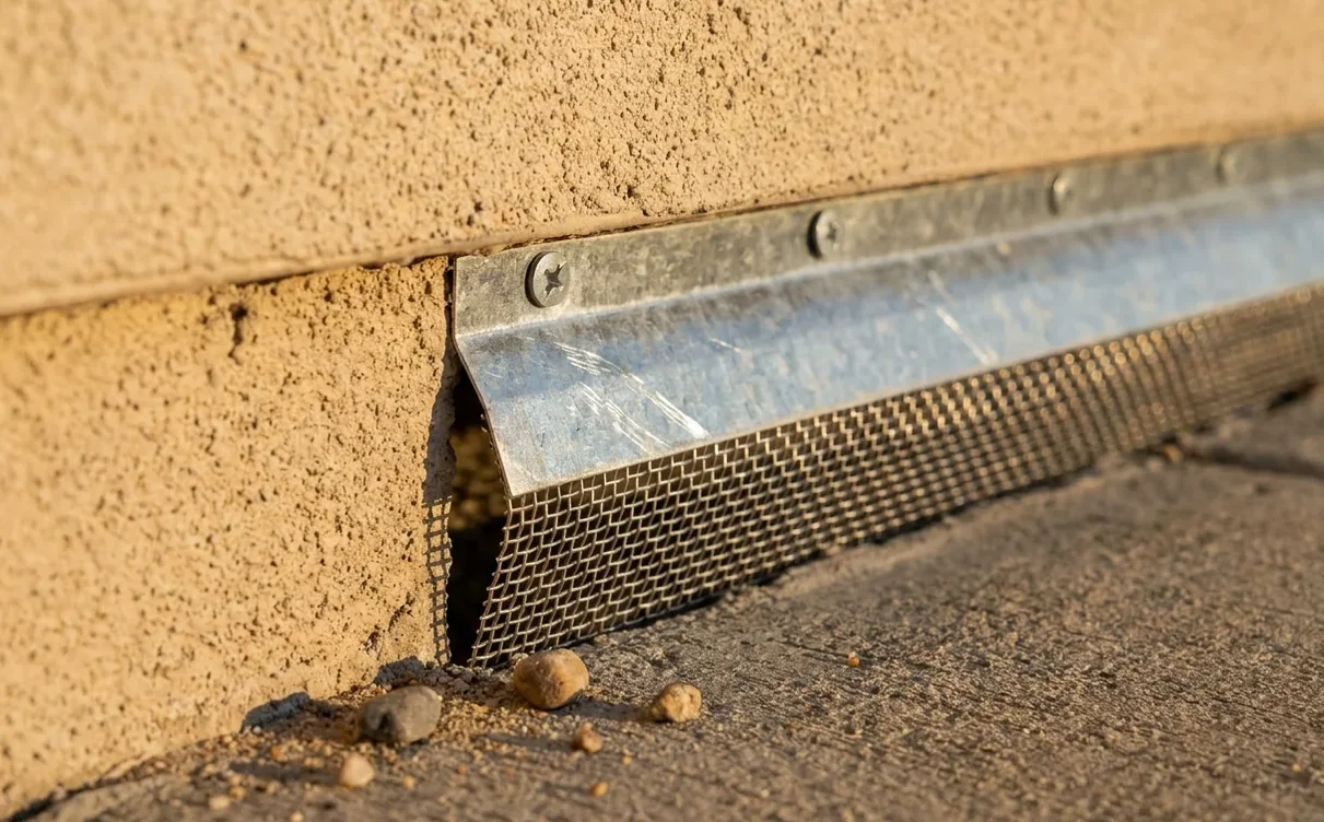 Metal mesh fitted tightly into a gap at the base of a wall to close a rodent entry point Metal mesh fitted tightly into a gap at the base of a wall to close a rodent entry point