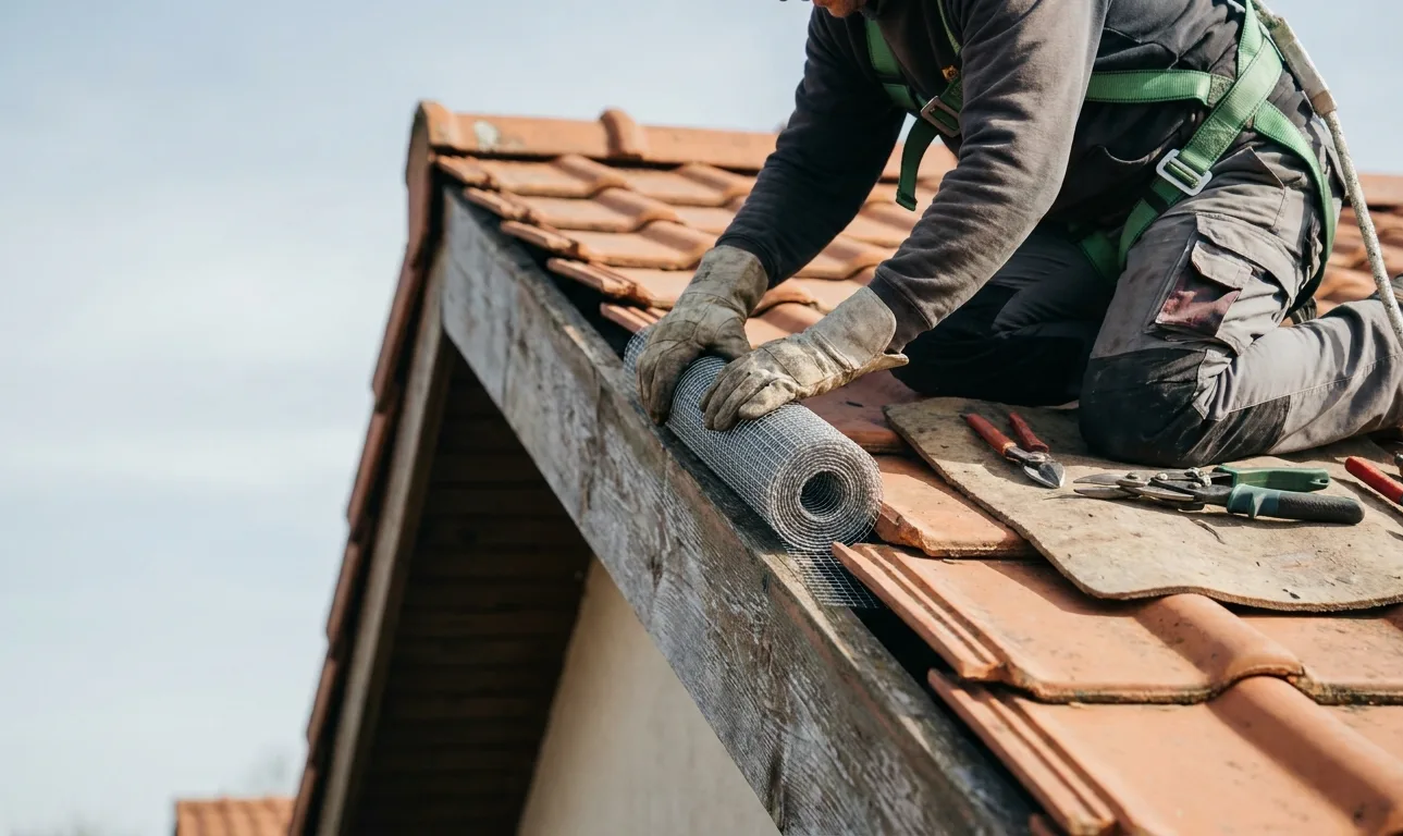 Galvanised steel mesh being cut and fixed into the open gap where a tiled roof meets the fascia board