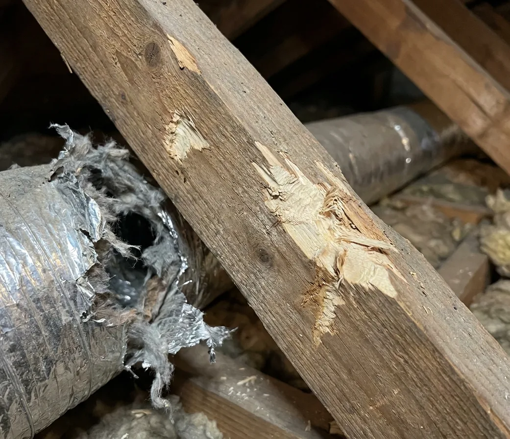 Torch beam across a roof void during a rodent inspection