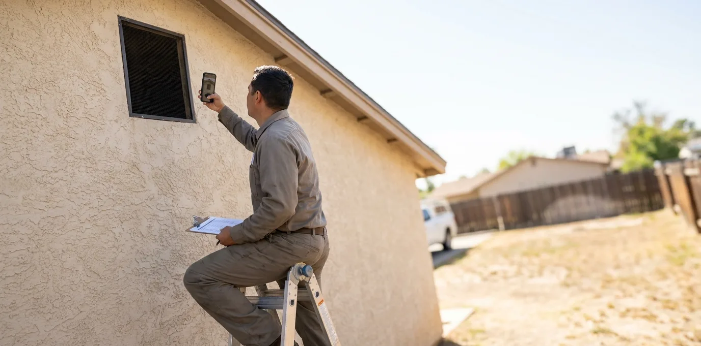 Technician photographing an unscreened gable vent during a documented rodent inspection