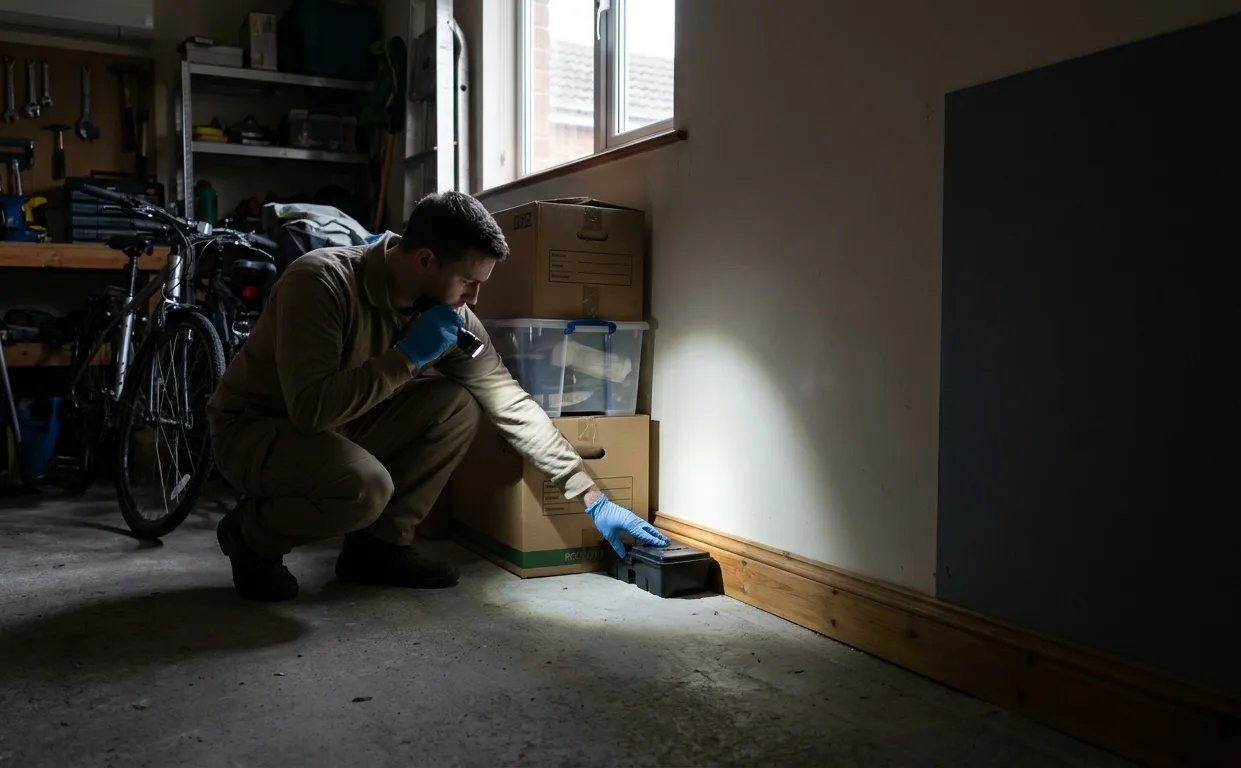 Technician setting a trap flush against a garage wall on an established rodent run