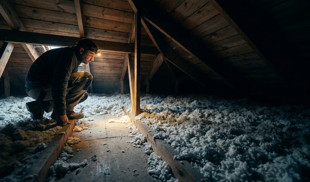 Technician working in a roof void with a torch, checking a run flattened through blown insulation