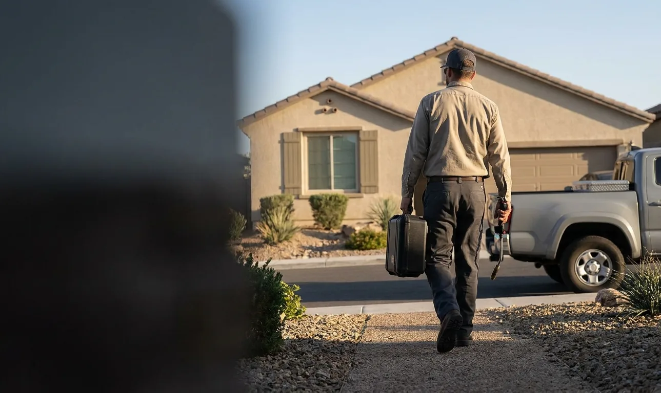Technician arriving with equipment at a property door for an urgent rodent call