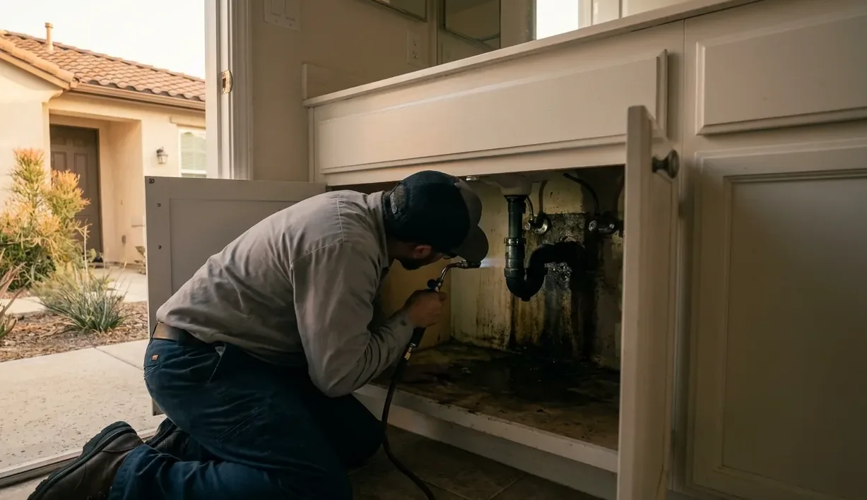 Technician inspecting the damp void beneath a bathroom vanity where silverfish gather
