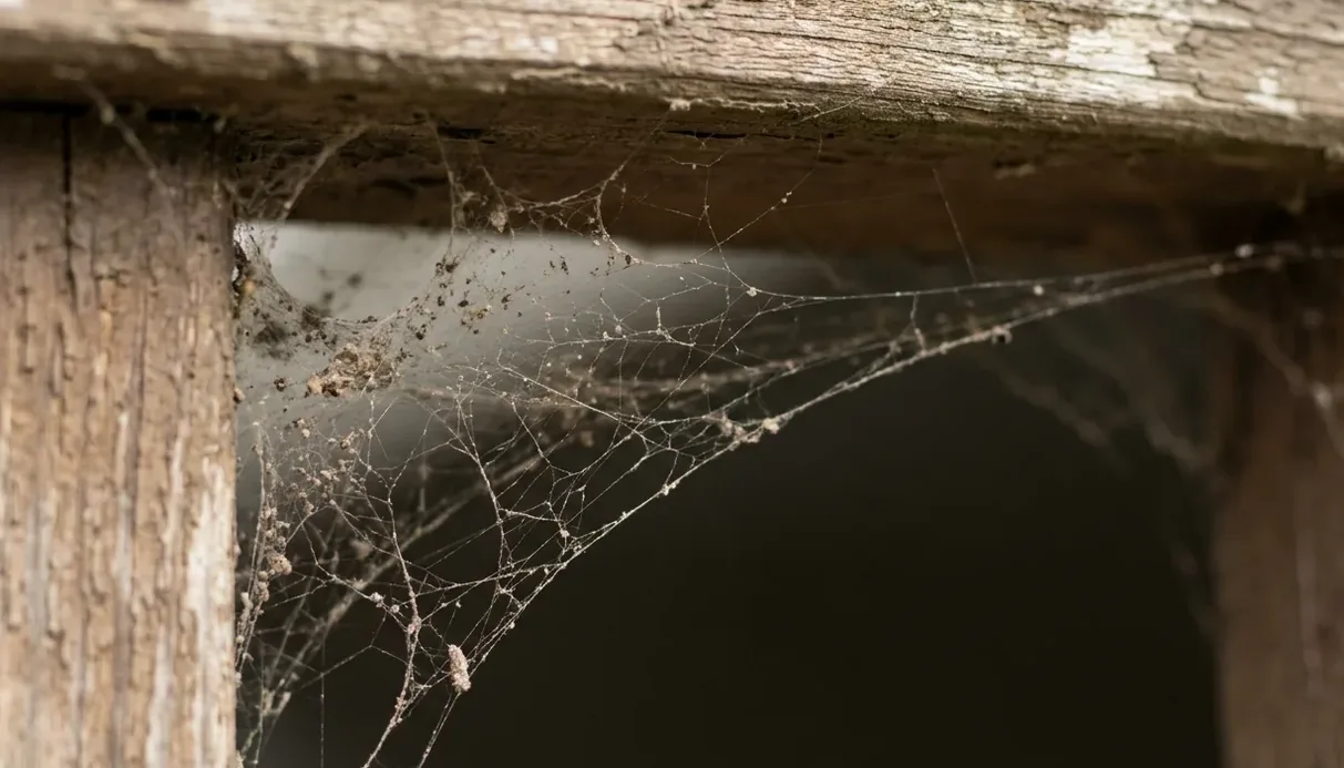 Sheet of dusty tangled webbing spun into the shaded angle of a timber patio beam