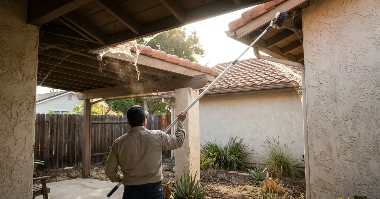 Technician sweeping webbing out of the beam corners of a covered patio with an extension duster