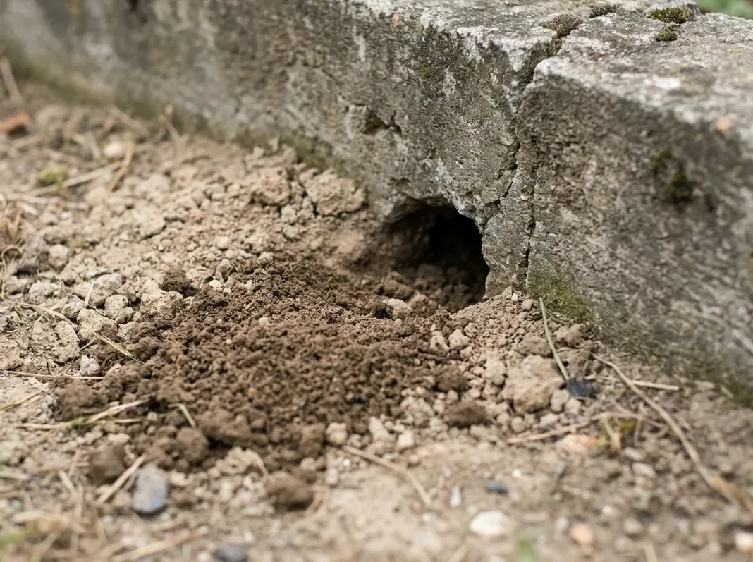 Fresh rodent burrow at the base of a concrete retaining wall with earth fanned out below it