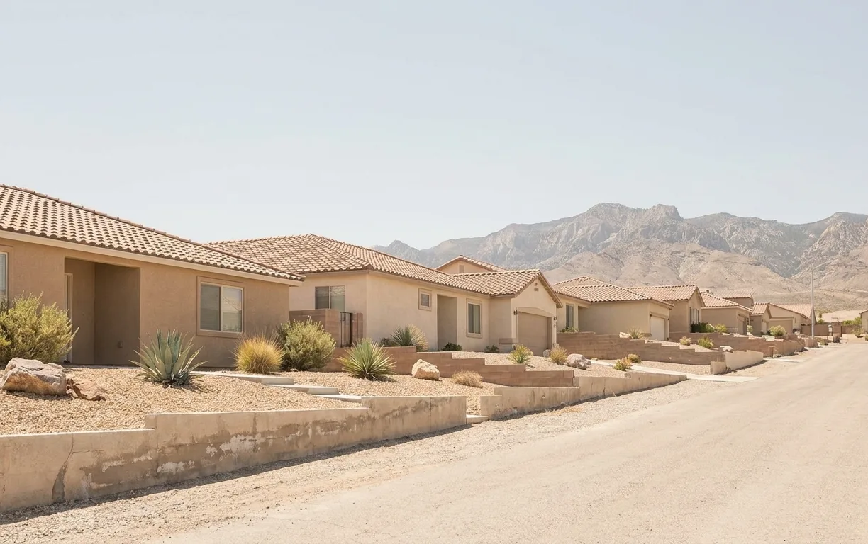 Stepped hillside homes on concrete retaining walls in Spring Valley, Nevada