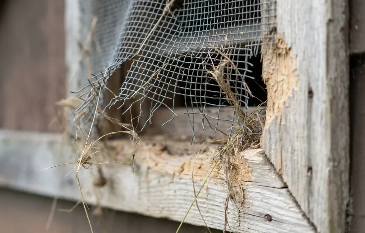 Torn vent screen with gnawed timber and caught nesting fibre around the opening