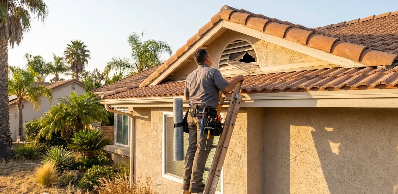 Technician on a ladder at the roofline examining a chewed vent opening into an attic