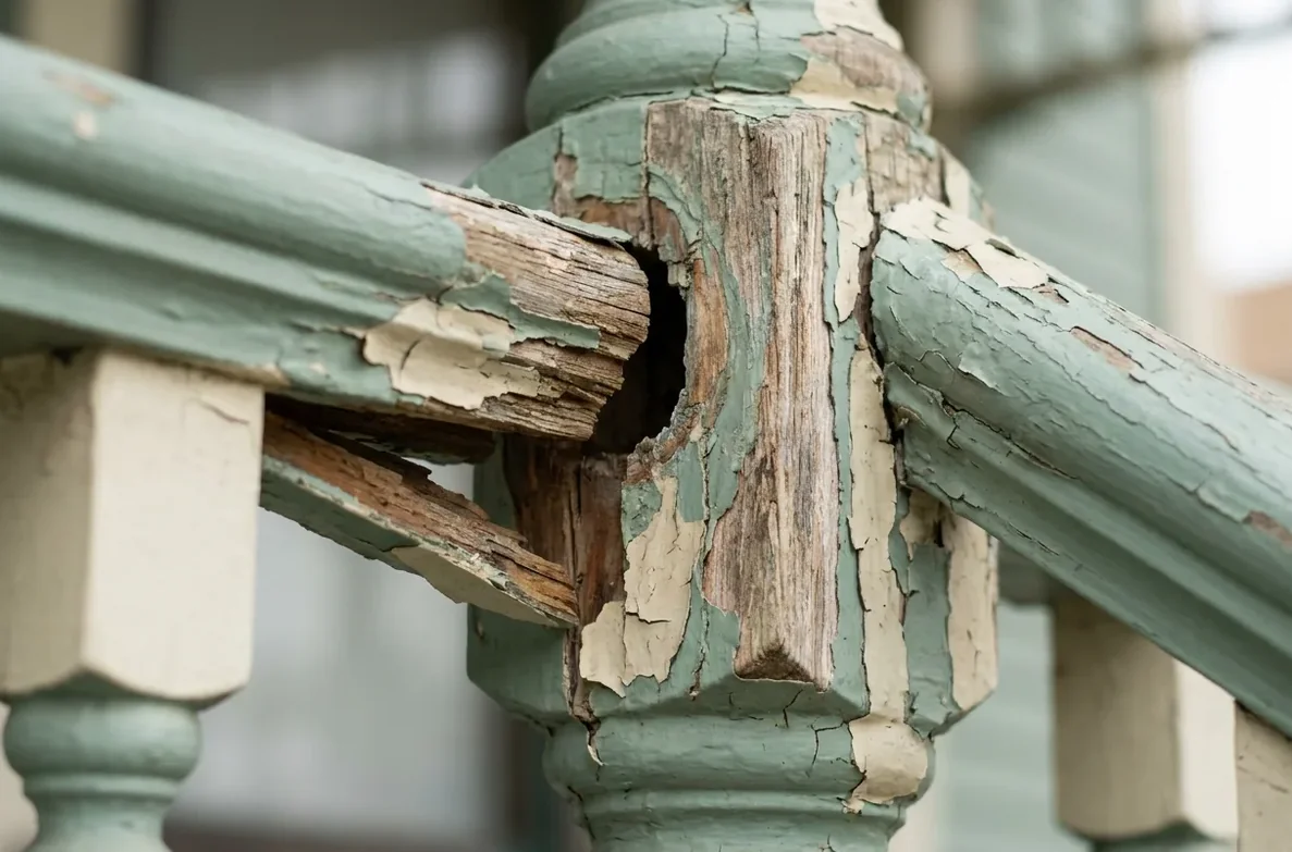 Weathered exterior timber trim split away from the wall it was fixed to Weathered exterior timber trim split away from the wall it was fixed to