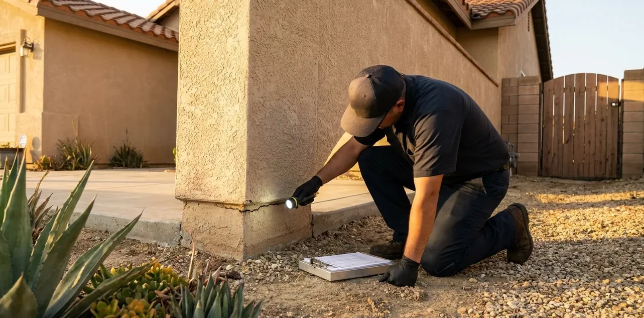Technician kneeling at the base of an exterior wall to check the perimeter for pest activity Technician kneeling at the base of an exterior wall to check the perimeter for pest activity