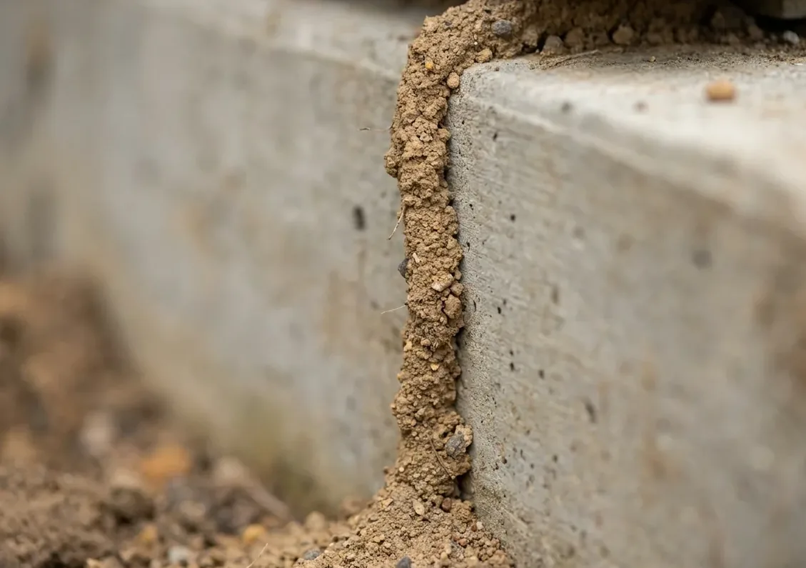 Earthen termite mud tube climbing the face of a concrete stem wall