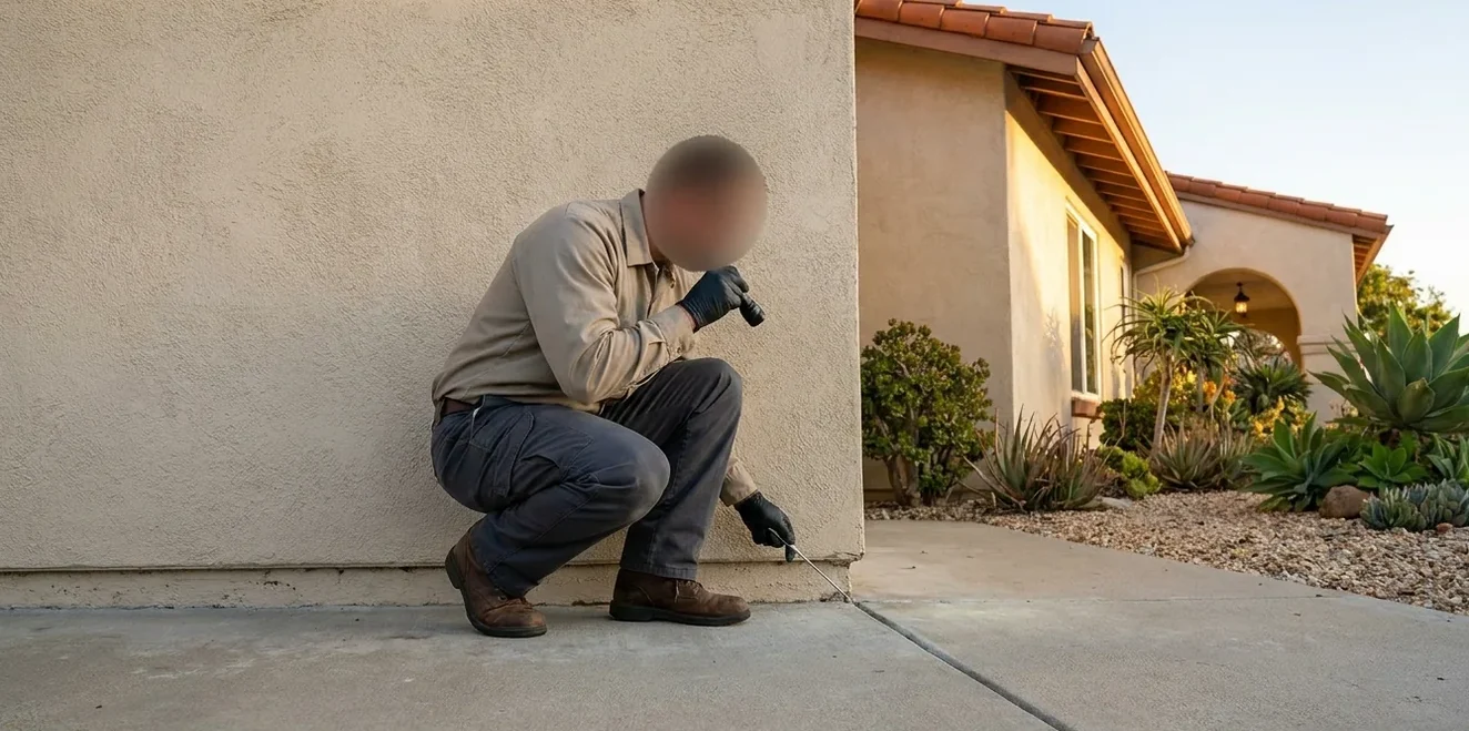 Technician working along the base of an exterior stucco wall during a termite inspection