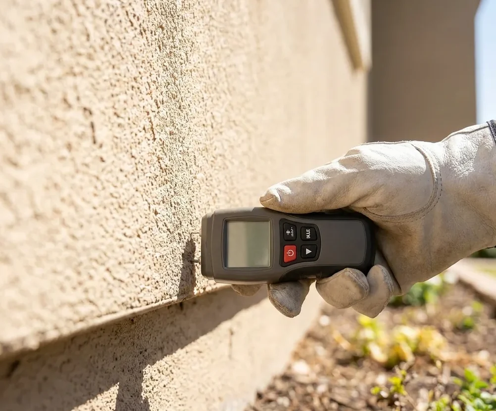 Gloved hand holding a moisture meter to the base of a stucco wall Gloved hand holding a moisture meter to the base of a stucco wall